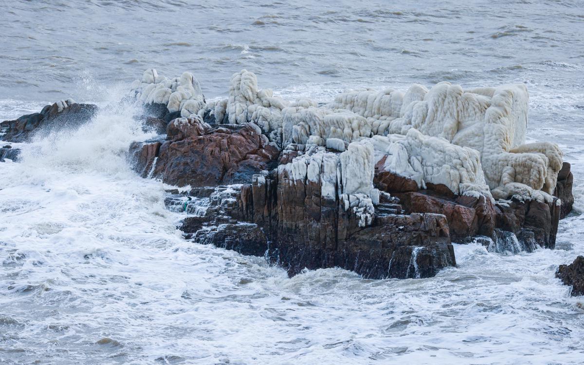 Cold wave turns coastal rocks into icy art